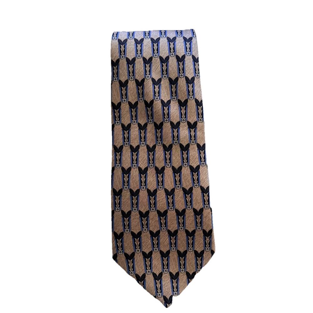 LANVIN Paris Mens 100% Silk Navy Brown Pattern Luxury Neck Tie 3.75 x 58